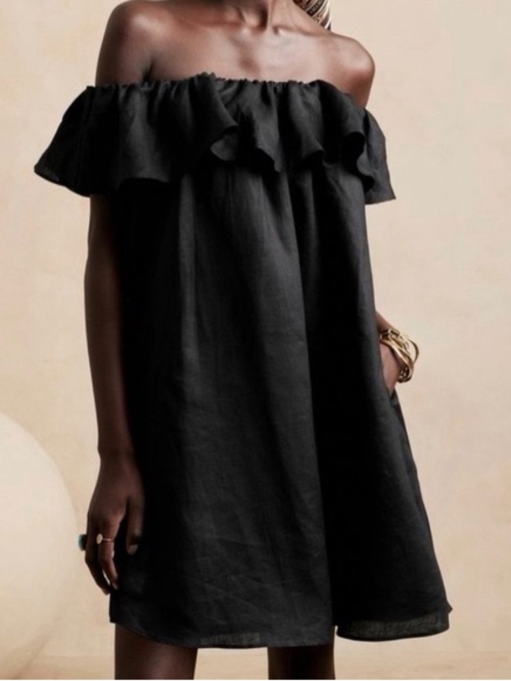 Banana Republic- Off-the-Shoulder Black Ruffle Linen Summer Dress